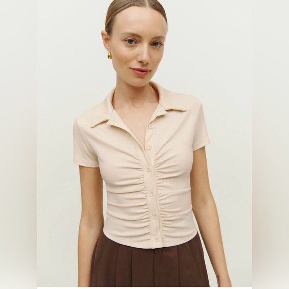 Reformation Cream Brantley Knit Ribbed Collared Top, Size Small - Picture 4 of 12